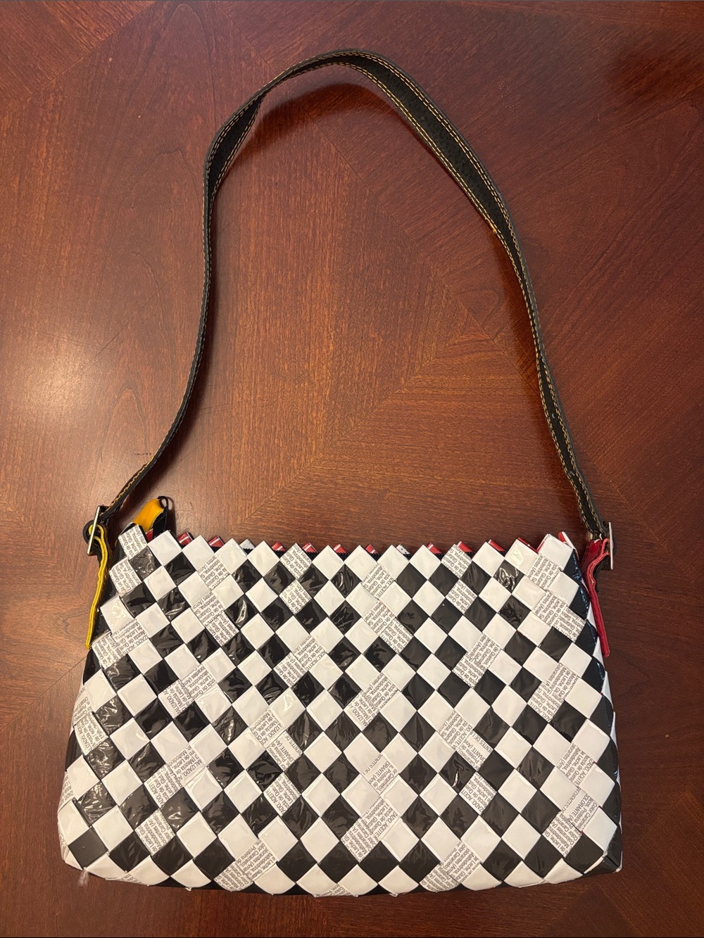 Nahui Ollin Black & White Woven Shoulder Bag with Color Trim